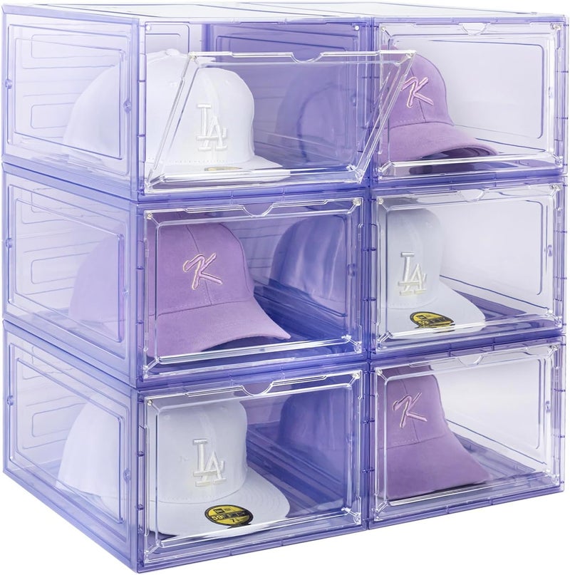 SCAVATA 6 Pack Hat Organizer Box, Stackable Clear Baseball Caps Holder Box Containers with Magnetic Door for Hats Snapback Cap Storag, Hat Rack Display Case, Holds 8 Hats Each (Purple) - Image 1